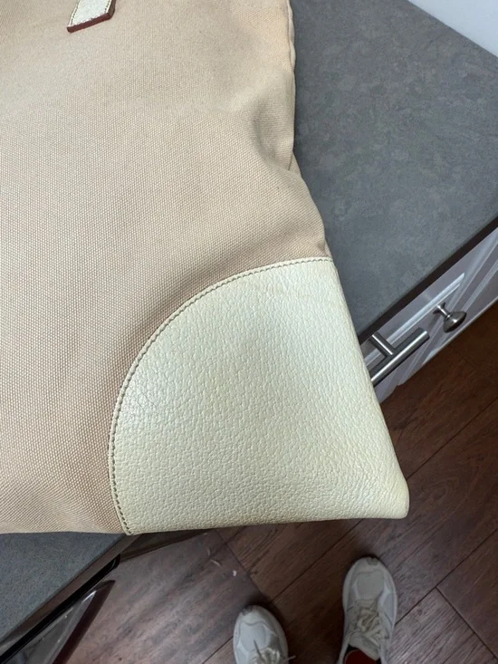 Prada Beige Canvas Shoulder Tote Bag Leather Corners and Handles - Picture 6 of 16